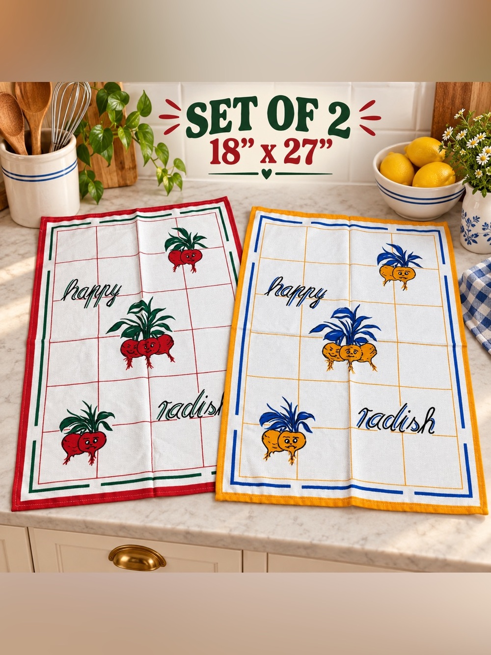 Vintage Happy Radish Kitchen Dish Towels Set of 2 Cotton 18” x 27”